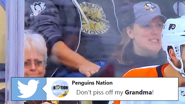Philadelphia Flyers defenceman Brandon Manning gets flipped off by an angered Penguins fan.