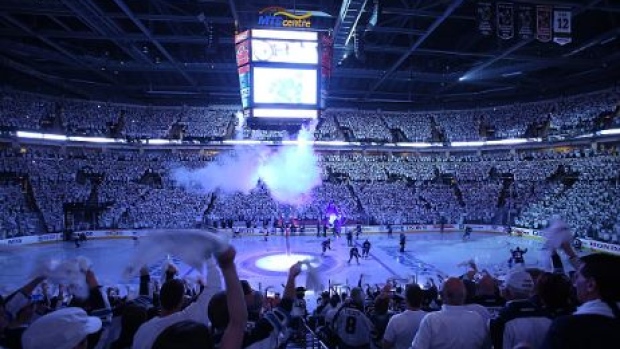 The MTS Centre during a Jets home playoff game in 2015