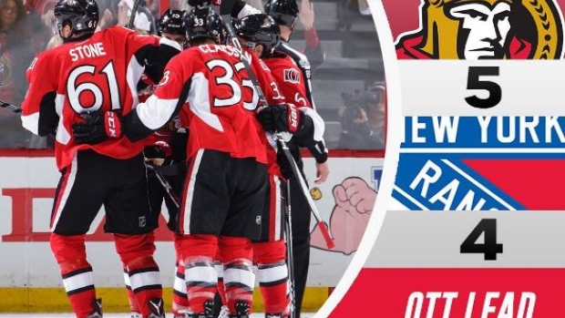 The Ottawa Senators celebrate after a goal in game five.