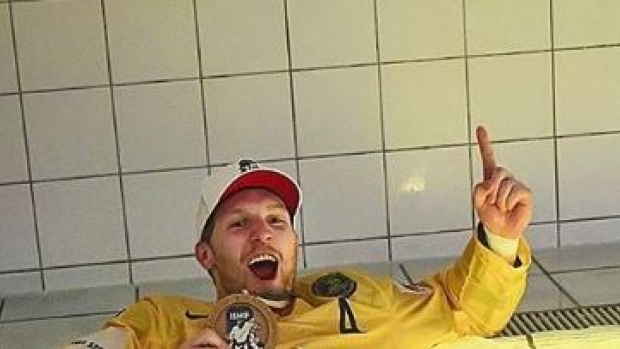 Gabriel Landeskog celebrates Sweden's win at the IIHF World Championships in a hot tub.