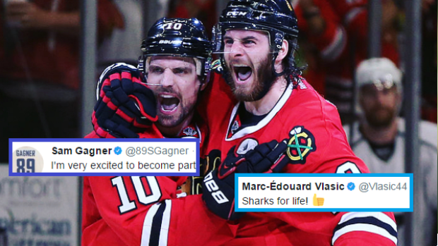 Patrick Sharp and Brandon Saad celebrate together during their time in Chicago.