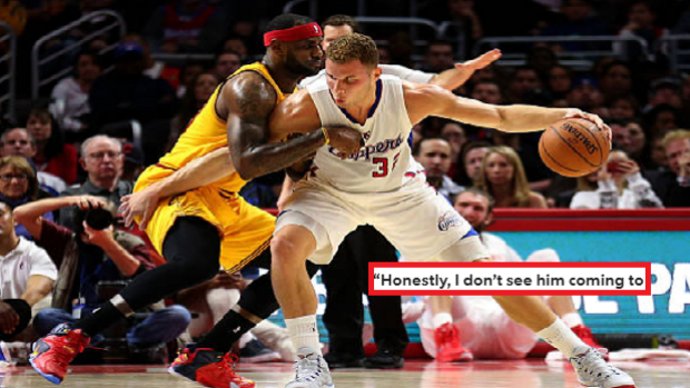 Blake Griffin and LeBron James battle during a 2015 NBA regular season game.
