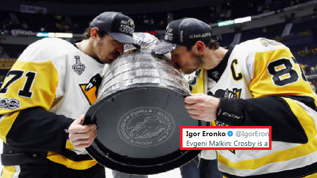 Evgeni Malkin and Sidney Crosby celebrate together after winning the Stanley Cup.