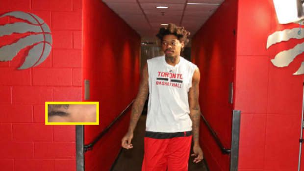 Lucas Nogueira walks to the court before Game Four of the Eastern Conference Semi-Finals.