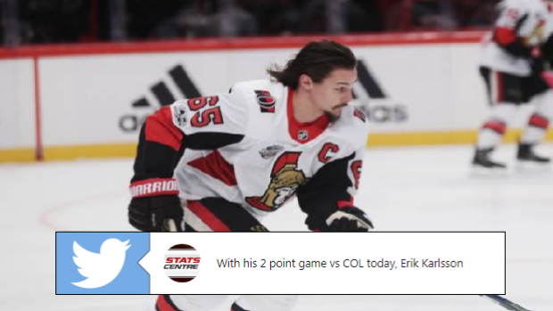 Erik Karlsson warms up for Game 1 of the NHL Global Series