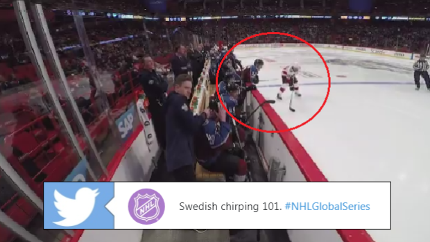 Erik karlsson and Gabriel Landeskog chat before a face off during the NHL Global Series.