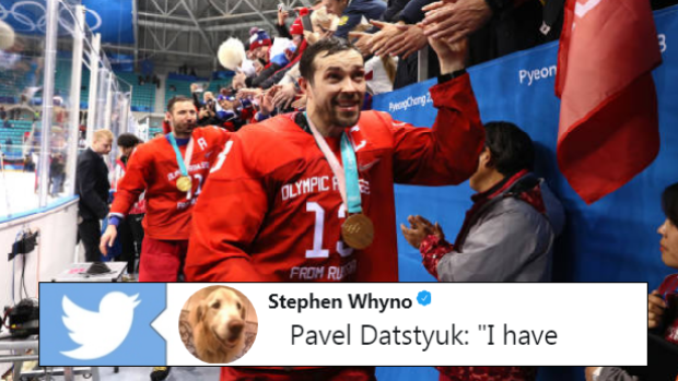 Olympic Athlete of Russia Pavel Datsyuk following his team's 4-3 overtime win over Germany.