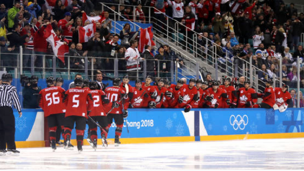 Team Canada's Men's Hockey Team celebrates a goal at the 2018 Pyeongchang Winter Olympics.