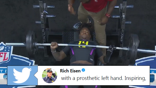NFL prospect Shaquem Griffin performs the bench press at the 2018 NFL Combine.