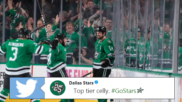 Jamie Benn celebrates after scoring the the overtime winner against the St. Louis Blues.