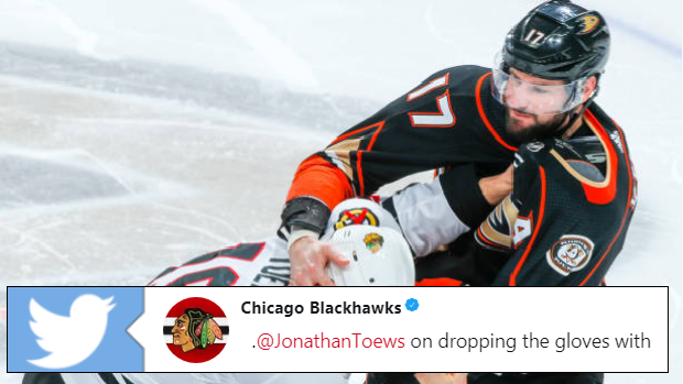 Chicago Blackhawks forward Jonathan Toews squares of with Anaheim Ducks forward Ryan Kesler.