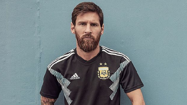 Argentinian soccer star Lionel Messi poses in his country's away kit 2018 World Cup Uniform.