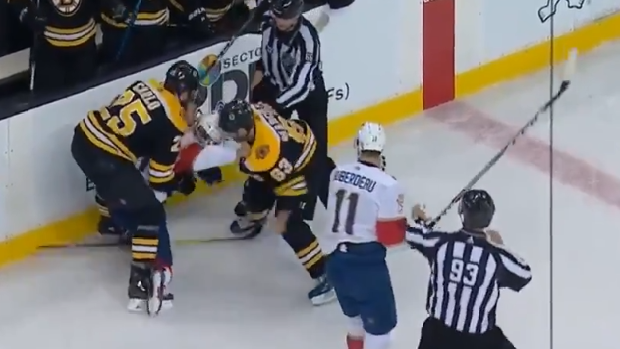 A line brawl ensues between the Florida Panthers and Boston Bruins.