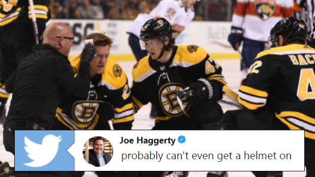 Boston Bruins forward Riley Nash after being hit in the ear with a Torey Krug shot.