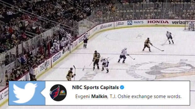 Evgeni Malkin flips T.J. Oshie's stick onto the Washington Capital's bench.