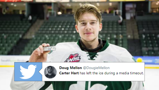 Everett Silvertips goaltender Carter Hart was vomitting during timeouts  during last night's game. Despite this, he went on to post a 30 save  shutout to advance to the WHL Conference Finals. 