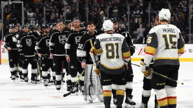The Los Angeles Kings and Vegas Golden Knights shake hands after their first round series.