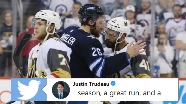 The Winnipeg Jets and Vegas Golden Knights shake hands following Game 5 of the WCF.