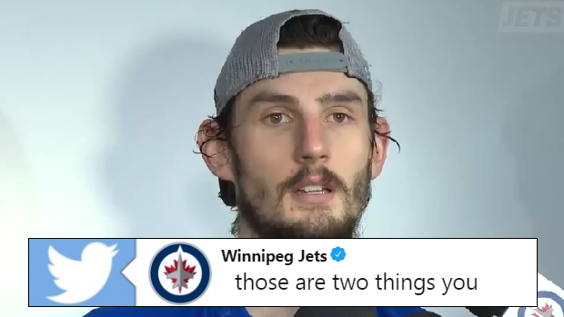 Connor Hellebuyck speaks after Game 4 of the Western Conference Finals.