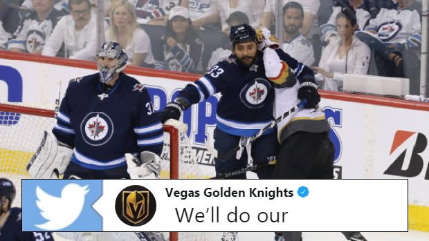 Dustin Byfuglien and Shea Theodore get into it in Game 5 of the Western Conference Finals.
