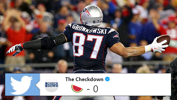 New England Patriots tight end Rob Gronkowski performs his infamous spike.
