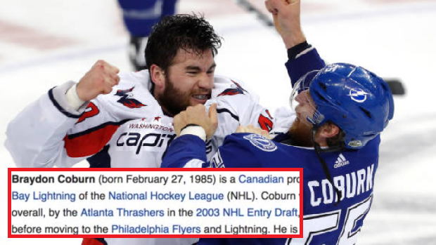 Braydon Coburn's Wikipedia page received a ruthless edit after one-sided  fight with Tom Wilson - Article - Bardown