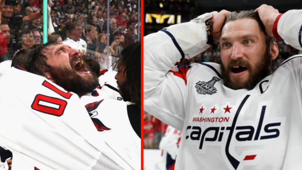 Washington Capitals left wing Alex Ovechkin (8) celebrates after the  Capitals defeated the New York Rangers 1-0 in the third game of round 2 of  the Stanley Cup Playoffs at the Verizon
