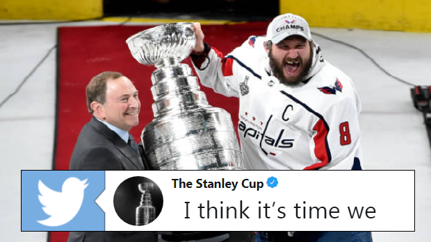 Alex Ovechkin is presented with the Stanley Cup.