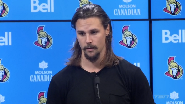 Erik Karlsson speaks to the media after being traded to the San Jose Sharks.
