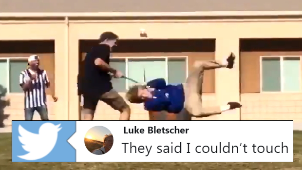 Luke Bletscher getting tossed around by his buddy.