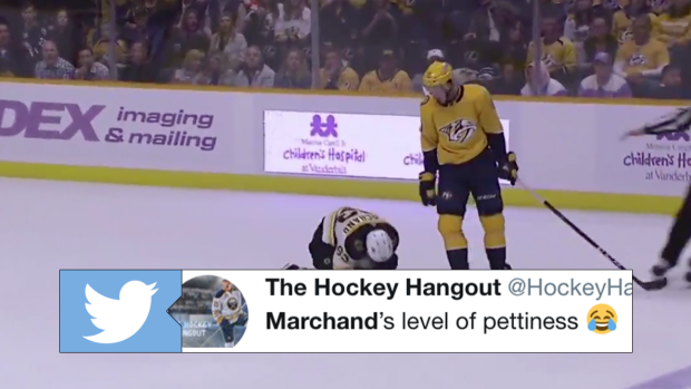GOTTA SEE IT: Brad Marchand mocks Colton Sissons After Phantom High Stick  Penalty 