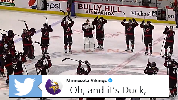 The Carolina Hurricanes perform the 'Skol' celebration after their home win on Friday night.