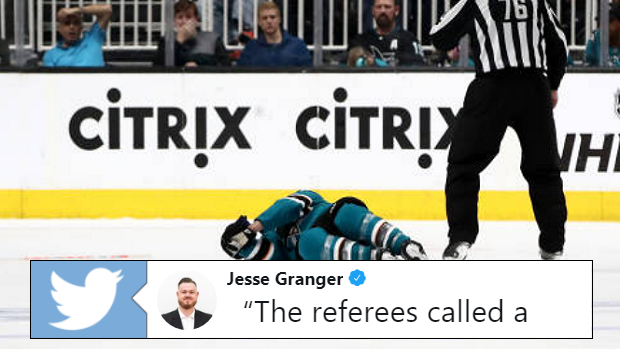 Joe Pavelski lays on the ice after getting knocked to the ground in Game 7.