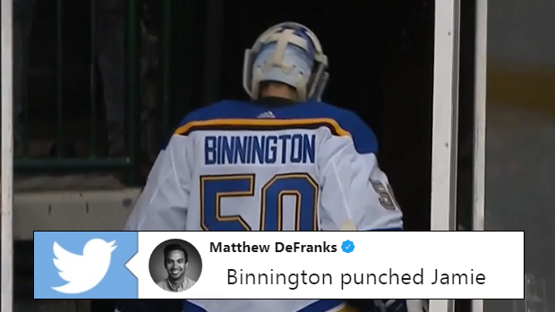 Jordan Binnington leaves the ice after the second period of Game 3.