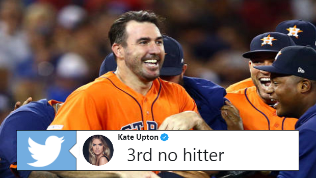 The Houston Astros celebrate after Justin Verlander throws his third career no-hitter.