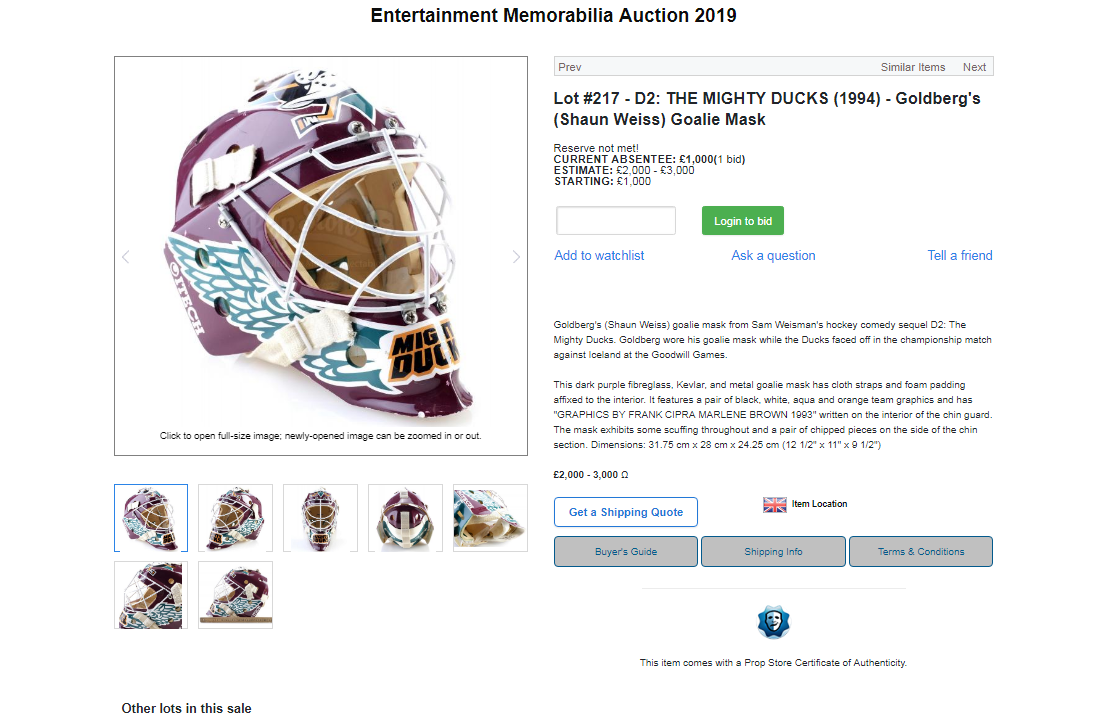Lot Detail - ORIGINAL GOALIE MASK FROM 1994 MOVIE D2: THE MIGHTY DUCKS  CUSTOM PAINTED BY FRANK CIPRA & MARLENE BROWN (NSM COLLECTION)