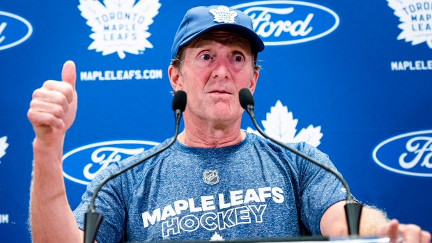 Leafs head coach Mike Babcock speaks to reporters on Thursday.
