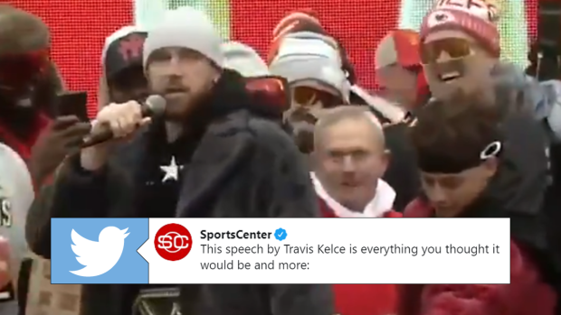 Travis Kelce's Super Bowl victory speech includes shot at Dee Ford