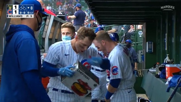 Joc Pederson celebrates his first Cubs home run with a waffle maker 