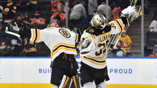 Bear Hug!!! Boston Bruins Goaltender, Linus Ullmark, congratulates fellow  Goalie, Jeremy Swayman, on his win against the Buffalo Sabres, By  Micheline V