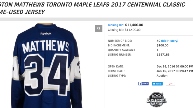 Auston Matthews' Centennial Classic jersey sells for $11,400