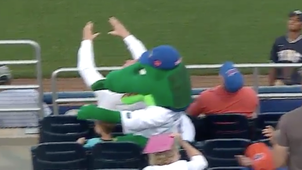 Gators mascot got hit in the head with a foul ball while shielding