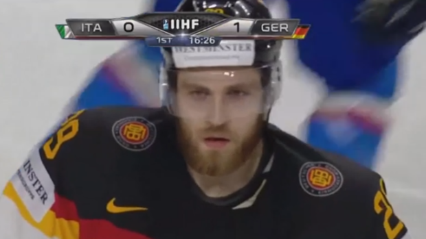 Leon Draisaitl celebrates after Germany takes a 1-0 lead.