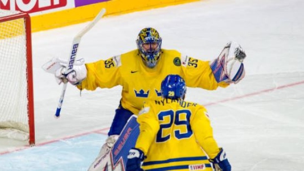 Henrik Lundqvist right before he embraced William Nylander following the Sweden's shootout win.
