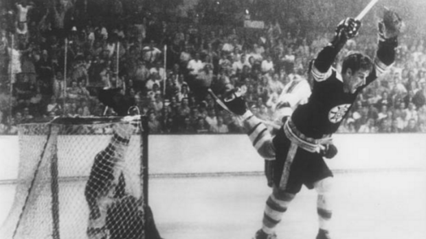 Bobby Orr moments after scoring the overtime winner in Game 4 of the 1970 Stanley Cup Final.