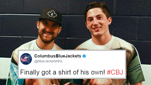 Fan who wears shirt of Zach Werenski's jacked-up face gets signed