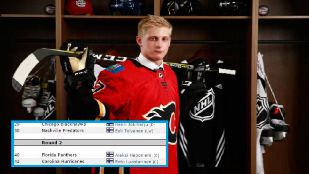Juuso Valimaki poses for a photo after being selected 16th overall by the Calgary Flames.