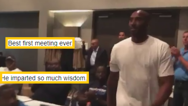Kobe Bryant speaks to the Los Angeles Chargers on the first day of team activities.