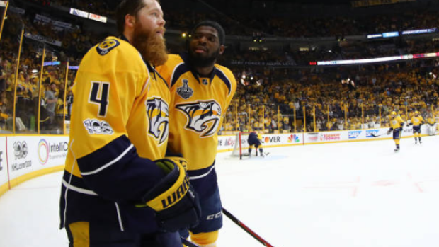 P.K. Subban and Ryan Ellis during warm-ups before Game 6 of the 2017 Stanley Cup Final
