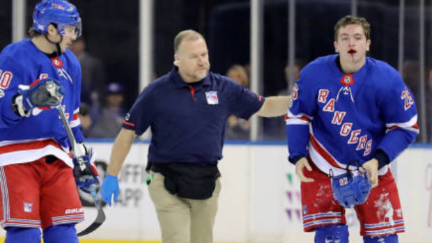 Jimmy Vesey busted open after taking Zack Kassian's skate to face 